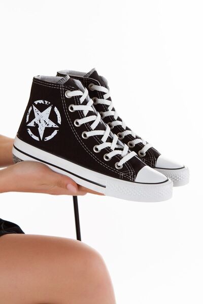Lideral Unisex Siyah Beyaz Spor Ayakkabı Uzun Bilekli Yıldız Baskılı Sneaker