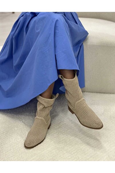 POTEEN Ptn Stelli Kadın Süet Kısa Topuk Delikli Yazlık Bot P100-Bej