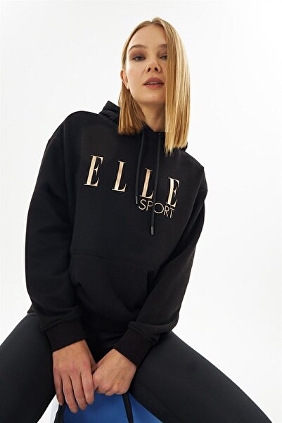 ELLE Sport Siyah Yaldızlı Cepli Kadın Kapüşonlu Sweatshirt