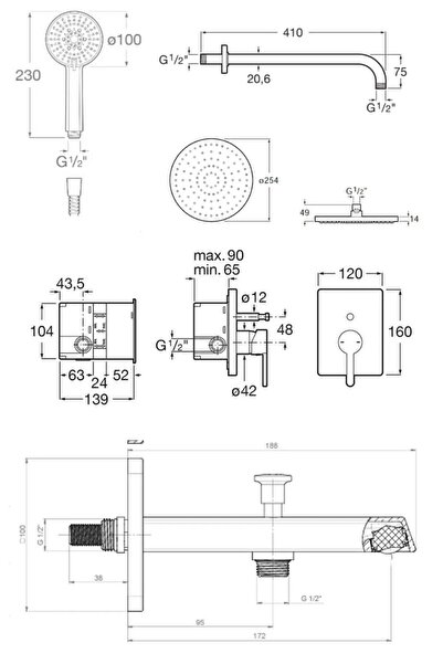 Roca Carelia Mat Siyah 5 Parçalı Ankastre Banyo Duş Sistemi, Iç Set Dahil (DUVARDAN BORULU)