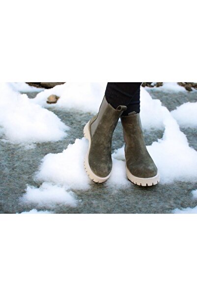 aayak&kabımofficial Gerçek Deri Haki Süet Günlük Kadın Chelsea Bot