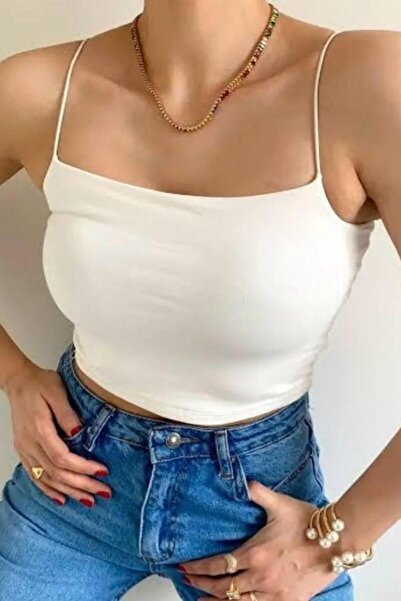 bb butik basic Women's White Rope Strap Double Layer Crop Bustier Blouse