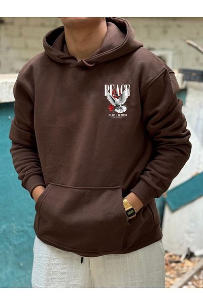 DEEPSENCE Φούτερ με μοτίβο PEACE Dove Unisex Oversize - Καφέ με κουκούλα