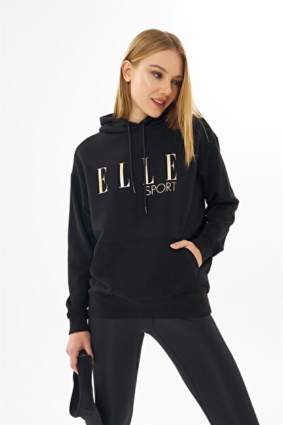 ELLE Sport Siyah Yaldızlı Cepli Kadın Kapüşonlu Sweatshirt