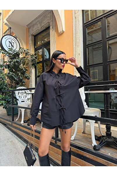 minaaise Kadın Siyah Önden Bağcık Detaylı Tasarım Pamuk Gömlek 28002