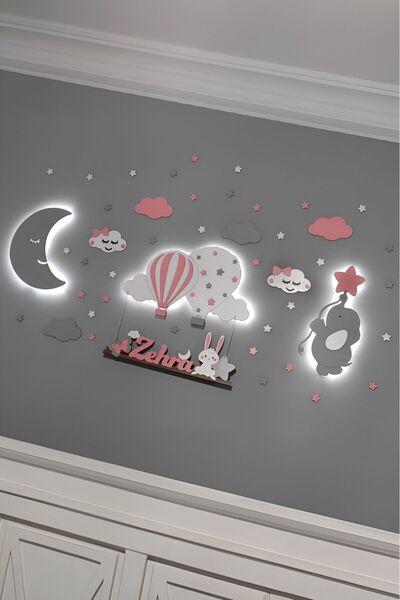 İnfigo Concept Balon Ay Ve Fil Üçlü Set - Işıklı Ahşap Bebek Kapı Ve Duvar Sü...