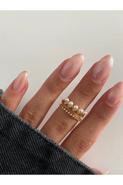 ringbox Gold Incili Çift Sıra Zirkon Taşlı Yüzük