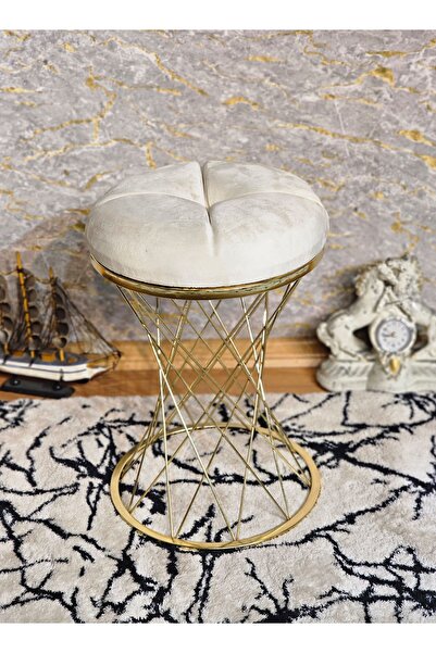 ZAFİR Yuvarlak Gold Kaplama Krem Puf Oturak - Bench - Ayak Ucu Oturak - Tabure - Makyaj Oturak