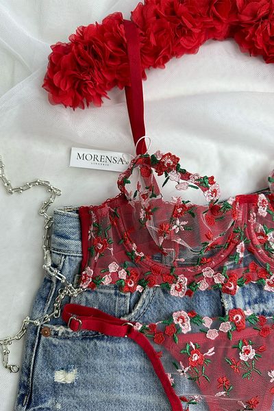 Morensa Red Floral Patterned Lace Bra Set