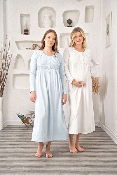 CT MODA Μπλε Δαντέλα Χειμερινό Νυχτικό Μητρότητας - Ειδικού Σχεδιασμού Βαμβακερό