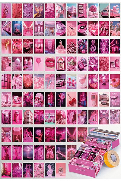 GUGUK Neon Pembe Temalı 99 Adet Duvar Poster Seti, Özel Tasarım Kutulu, Oda Dekoru (GGK-K057)