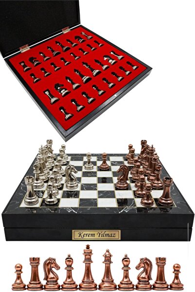 Cooper Chess 36cm Ahşap Kutulu Elagant Metal Klasik Satranç takımı | Siyah Mermer Desenli Kutu, Bronz Gümüş Figür