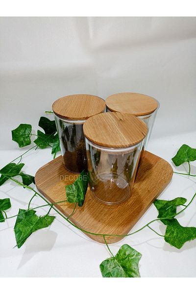 DECOBE D-Sy 900 ml 3-Piece Wooden Vacuum Lid Tea Coffee Nuts Corn Storage Set