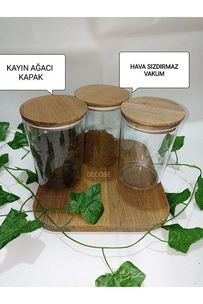 DECOBE D-Sy 900 ml 3-Piece Wooden Vacuum Lid Tea Coffee Nuts Corn Storage Set