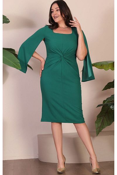 For Big Trend Women's Square Neck Front Gathered Knot Look Sleeve Open Slit Midi Flexible Woven Dress