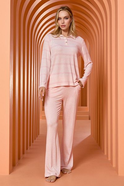 Cossy By Aqua 25149 Women's Pink Line Pattern Shirt Collar Pajama Set