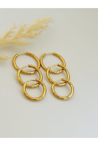 KOALA COMPANY TRIPLE SET STEEL GOLD PLATED RING EARRING 12 MM - 15 MM - 18 MM