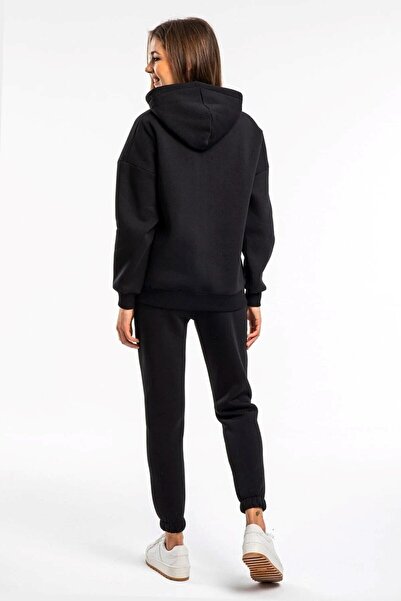 MOV GİYİM Σετ φόρμας φλις γυναικεία κουκούλα σε μαύρο χρώμα με 2 κλωστές