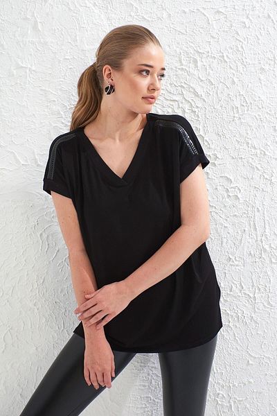 For Big Trend Women's Black Shoulder Leather Knitted V-Neck Ribbed Stretchy T-shirt BT20YB271178