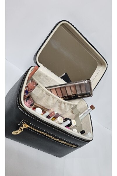 Gold Box حقيبة مستحضرات التجميل مع مرآة للسفر ومنظم ملحقات المكياج باللون الأسود