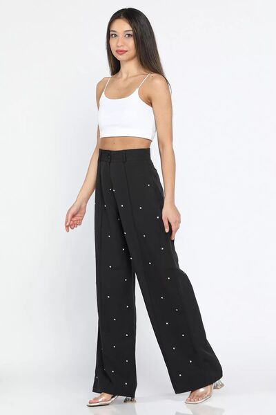 GÜLSELİ Pantaloni Palazzo de damă cu talie înaltă Stone - Black Straw