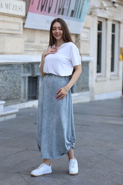 AYASOFYA OTANTIK Gray Cotton Knitwear Women's Skirt - Side Gatherable Antique