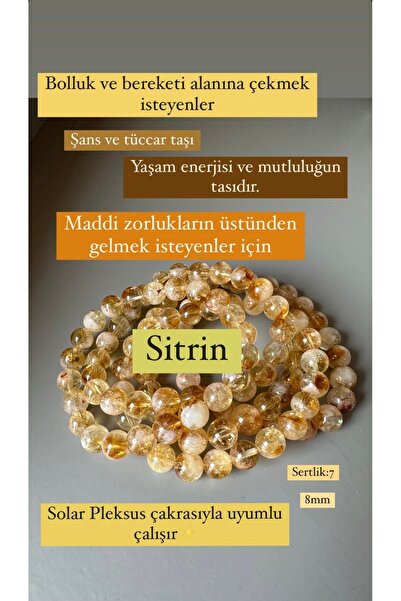 Doğaltaş Sitrin Doğaltaş, A+ Kalite, Zenginlik Taşı, 8 mm, Bileklik