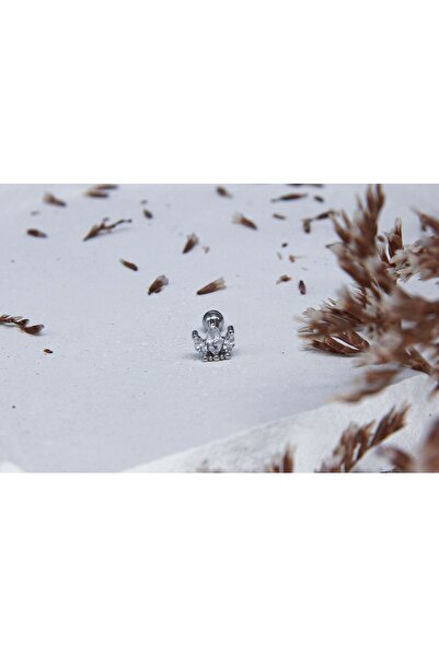 Cerrahi Çelik Taç Model Silver Taşlı Tragus Helix Conch Uyumlu Piercing