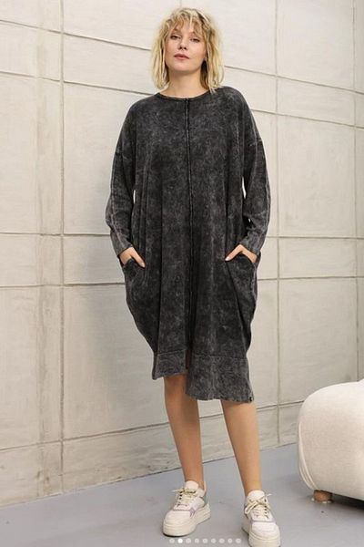 AYASOFYA OTANTIK Tunica neagra din tricotaje din bumbac - Rochie vintage cu detaliu de buzunar