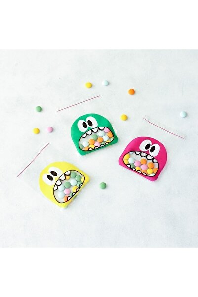 Genel Markalar 50 Adet Karışık Canavar Desenli Bantlı Şeffaf Poşet 10x15 Cm