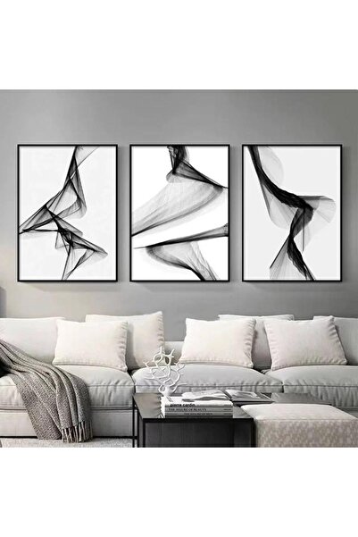 Linacci Комплект от три стъклени картини с абстрактен постер „Бяла вълна“ в черна метална рамка