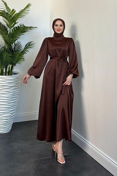 MERVEN AKYÜZ Σατέν Φόρεμα Dimitra Balloon Sleeve Καφέ