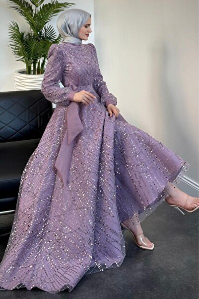 MERVEN AKYÜZ Vittoria Kolu Fiyonk Boncuk İşlemeli Abiye Lila(KEMERSİZDİR)
