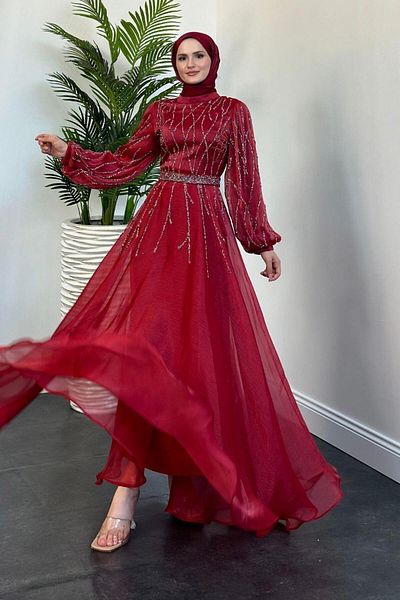MERVEN AKYÜZ Red Rabelia Evening Dress with Stone Detail