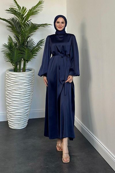 MERVEN AKYÜZ Σατέν φόρεμα Dimitra Balloon Sleeve Navy Blue