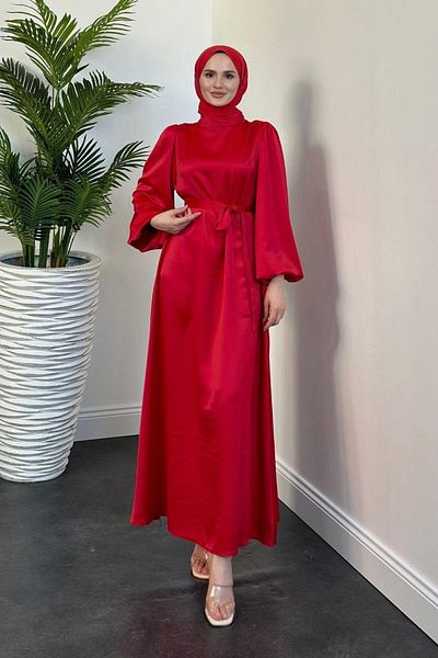MERVEN AKYÜZ Balloon Sleeve Satin Red Dress - Dimitra