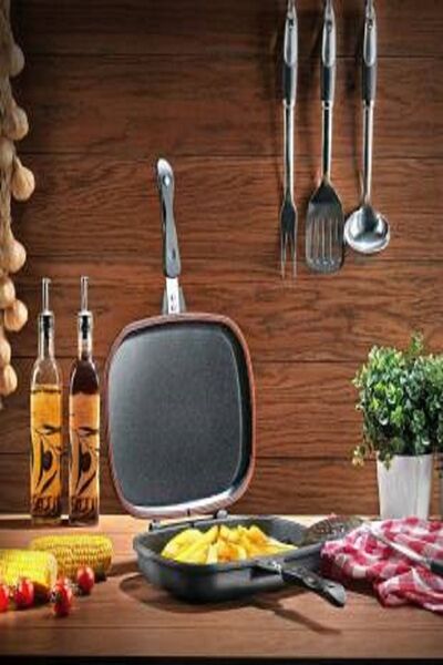 Schafer Granit Kare Double Grill Pan 32 Cm - Siyah Çift Taraflı Kullanılabilen Ayrılabilen Ikiz Tava