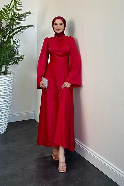 MERVEN AKYÜZ Red Satin Dress - Spanish Sleeve and Waist Tie Detail