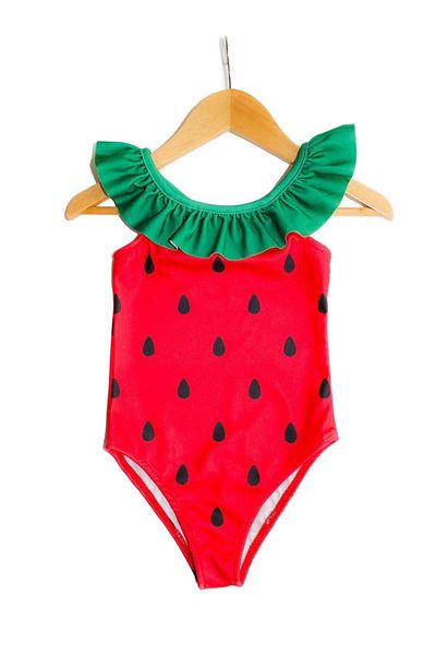 Minigimin Cicileri Costum de baie pentru fete cu model pepene verde - Cicuri ale copilului meu mic, bretele încrucișate, roșu