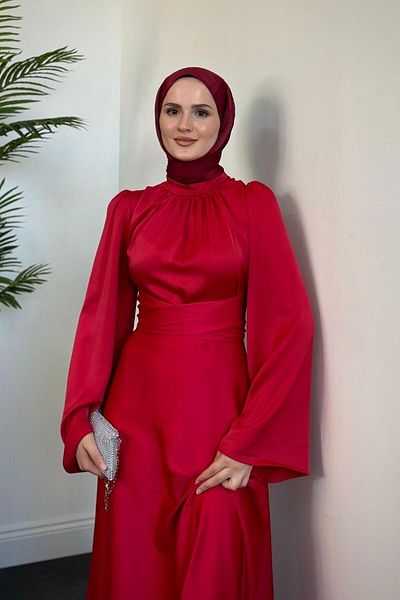 MERVEN AKYÜZ Red Satin Dress - Spanish Sleeve and Waist Tie Detail