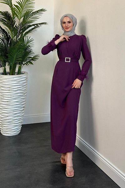 MERVEN AKYÜZ Purple Stell Pencil Evening Dress - Feather Detailed Sleeves