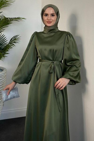 MERVEN AKYÜZ Φόρεμα Dimitra Khaki Satin - Μπαλόνι μανίκι