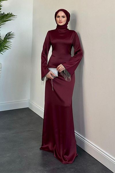 MERVEN AKYÜZ Pena Spanish Sleeve Chain Detail Evening Dress Plum