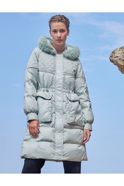 Kayra Faux Fur Fabric Garnished Goose Feather Coat Mint
