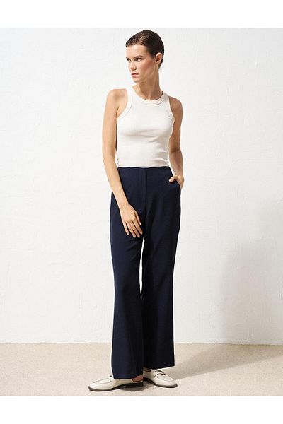Kayra Navy Blue Basic Elastic Waist Trousers