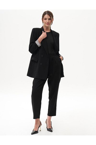 Kayra Black Carrot Pants - Elastic Waist and Pleated