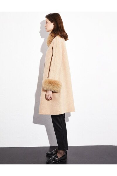 Kayra Premium Yünlü Çizgili Kaban Açık Camel