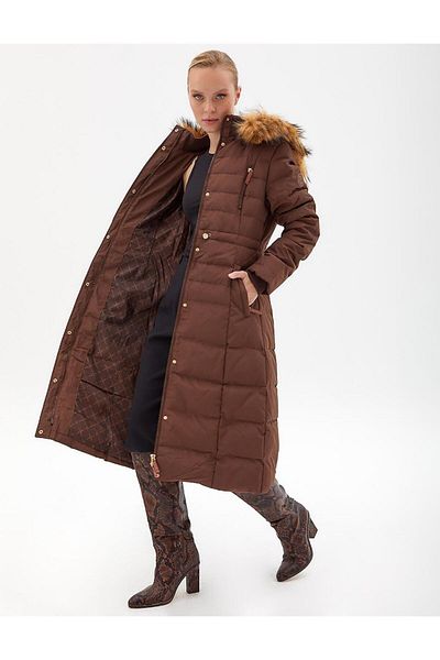 Kayra Goose Feather Filled Long Coat Brown