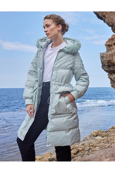 Kayra Faux Fur Fabric Garnished Goose Feather Coat Mint