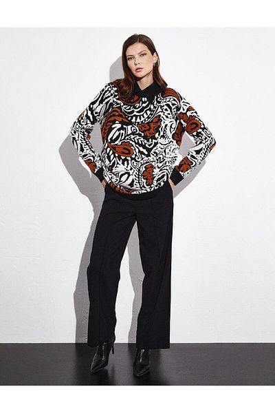 Kayra Black Floral Patterned Knitwear Tunic - Crew Neck